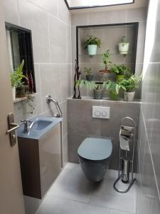 a bathroom with a toilet and a sink and potted plants at Le LOFT Yportais in Yport