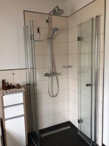 W łazience znajduje się prysznic ze szklaną kabiną prysznicową. w obiekcie Haus Leenja w mieście Beverungen
