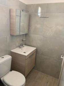 a bathroom with a white toilet and a sink at Dionysios Studios in Skala