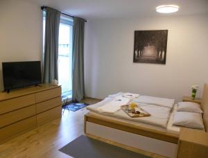 um quarto com uma cama, uma televisão e uma cómoda em Vila Zuberec apartmán 105 em Zuberec