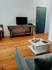 a living room with a tv and a couch and a table at Bel appartement T3 avec terrasse in Carmaux