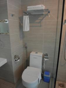 a bathroom with a white toilet and a shower at French Hotel in Ipoh