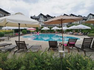 einen Pool mit Stühlen und Sonnenschirmen in der Unterkunft Aspen Golf - private apartments in Raslog
