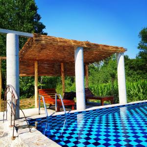 a wooden gazebo with chairs and a swimming pool at Forest Home in Golubovci