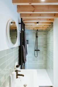 een badkamer met een douche, een wastafel en een spiegel bij Musa Antwerp in Antwerpen