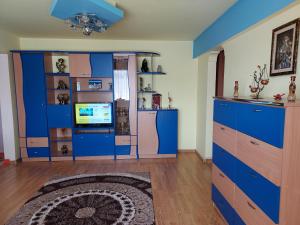 Zimmer mit blauen Schränken und einem TV in der Unterkunft Apartament Akim in Târgu Ocna