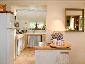 モントーにあるHoliday Home La Janverie - MNX200 by Interhomeのキッチン(冷蔵庫、ランプ付きテーブル付)