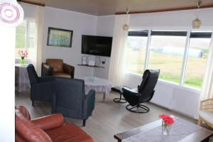 a living room with a couch and chairs and a tv at Studlagil Canyon Accommodation in Grund