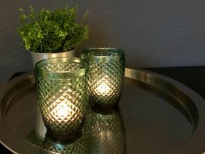 two glass vases sitting on a table with a plant at 4-Studios in Cölbe +82 photos