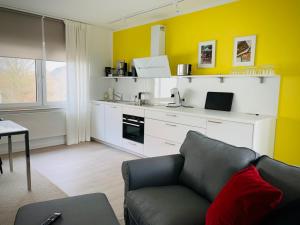 ein Wohnzimmer mit einem Sofa und einer Küche in der Unterkunft GNAU Rent Jürgen Gnau in Cölbe