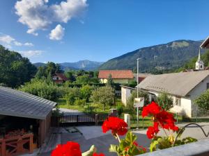 a view from the roof of a house with red flowers at Apartma Marička in Križe