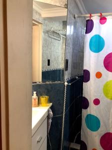 y baño con ducha y cortina de ducha. en DEPARTAMENTO ACOSTA 1 en Paraná