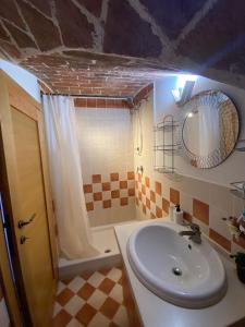 ein Badezimmer mit einem weißen Waschbecken und einer Dusche in der Unterkunft Casa Di Vetro in Canino