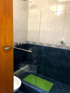 a bathroom with a toilet and a shower with green mats at departamento acosta 2 in Paraná