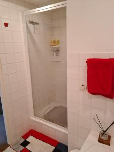 a bathroom with a tub and a red towel at Le Puy d'Ance in Chastreix