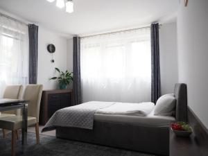 1 dormitorio con cama, escritorio y ventana en Adobe Apartment, en Wroclaw