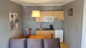 a kitchen with a table and a small kitchen with a table and a kitchen at RIVA Ośrodek Wypoczynkowy in Więcbork