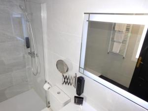 La salle de bains est pourvue d'une douche, d'un miroir et de toilettes. dans l'établissement HOTEL TERRA GALEGA MEIGA, à Monforte de Lemos