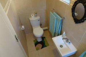 a small bathroom with a toilet and a sink at Lovely 2-bedroom apartment with free parking on premises in Jeffreys Bay +13 photos