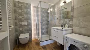 La salle de bains est pourvue d'un lavabo et d'une douche. dans l'établissement Apartament Parkowy Antresola, à Gniezno