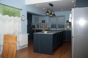 a large kitchen with blue cabinets and a refrigerator at Home from Home - IONA - Private Members Club in Edinburgh