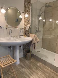 La salle de bains est pourvue d'un lavabo et d'une douche. dans l'établissement Château du Mauny, gîtes et chambres d'hôtes en Bourgogne, à Rosey