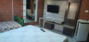 Zimmer mit einem Bett, einem TV und einem Spiegel in der Unterkunft Pousada Monte Serrat in Bonito