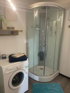 a shower in a bathroom with a washing machine at Urlaub am Amazonas des Nordens in Loitz