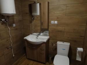 La salle de bains est pourvue d'un lavabo et de toilettes. dans l'établissement Serce Beskidu Niskiego Myscowa, à Krempna