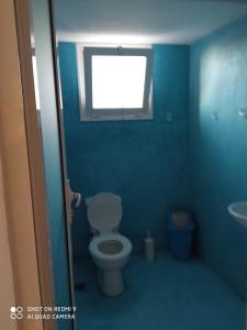 een blauwe badkamer met een toilet en een raam bij Akri Rooms in Akrata