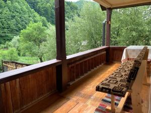 a porch with a bench and a view of the mountains at Pensiunea Grapini in Şanţ