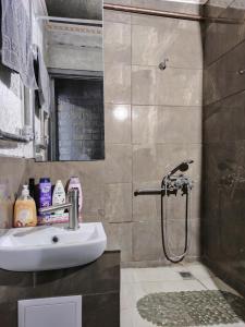 een badkamer met een wastafel en een douche bij Смарт квартира на победе in Dnipro