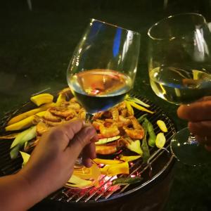 a person holding a glass of wine next to a grill at Stupina in Braşov