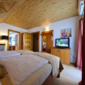 a bedroom with two beds and a flat screen tv at Ferdinand Penzion in Moldava nad Bodvou