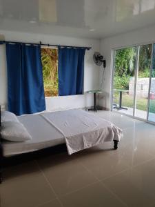 a bedroom with a bed with blue curtains and a window at Villa Gabriela in Agua de Dios