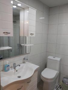 a bathroom with a toilet and a sink and a mirror at Mitreski Impeksel 2 Self Check-in Luxury Apartment in Skopje