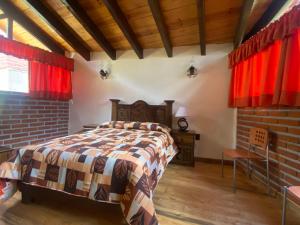 1 dormitorio con 1 cama y cortinas rojas en CABAÑAS CASTILLO, en Mineral del Monte