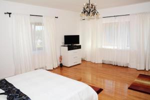 een slaapkamer met een bed en een televisie en gordijnen bij Casa de vacanta Divine Novaci in Novaci-Străini
