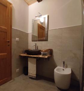 a bathroom with a sink and a mirror and a toilet at la finestra sul Monviso in Crissolo