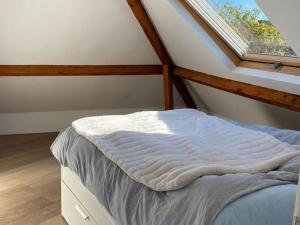 Bett in einem Zimmer mit Fenster in der Unterkunft Luxury holiday home in The Hague with a beautiful roof terrace in Den Haag