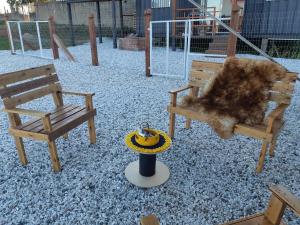 a dog is sitting in a toy in a playground at Trailer novo completo. in Bagé