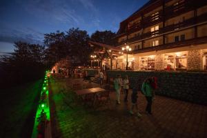 a group of people standing outside of a building at night at Cabana Trei Brazi in Predeal