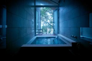 um quarto escuro com uma piscina de água e uma janela em Terrace Villa Eon em Shirahama