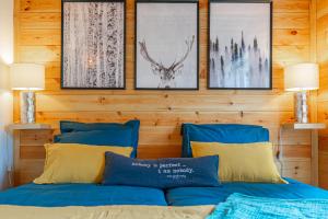 a bedroom with blue and yellow pillows and pictures on the wall at Hygge Lodge Annecy in Doussard