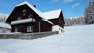 uma cabana de madeira na neve com uma cerca em Ferienhütte Antonia em Kliening