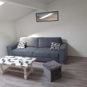 Sala de estar con sofá azul y mesa de centro en UR ONDOAN - Appartement Saint Pée sur Nivelle en Saint-Pée-sur-Nivelle