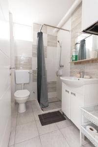 a bathroom with a toilet and a shower and a sink at Apartmani kod Marka in Požega