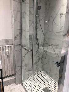 ducha con puerta de cristal y aseo en Majestic Apartment, en Cannes
