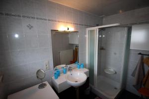 a bathroom with a sink and a shower at Het Rustplekje in Alveringem