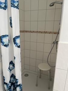 a shower with a stool and a shower curtain at Familienfreundliches Ferienhaus an der Stadtgrenze zu Berlin in Blankenfelde